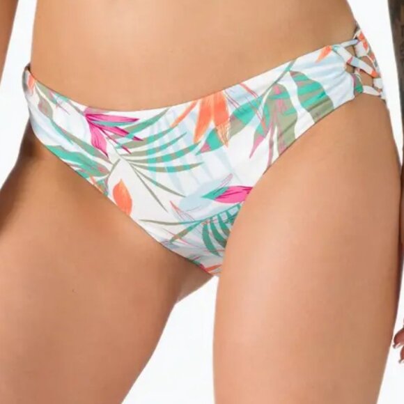Roxy - Bikini Bottom Mid Rise Hipster Tropical Leaf White, Pink, Orange, Green - Picture 1 of 12